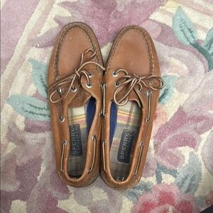 Sperry Brown Boat Shoes with Textured Leather and White Stitching